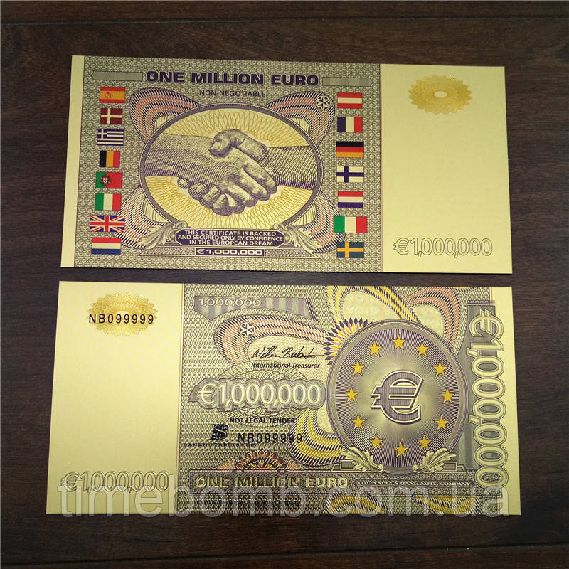 Позолочена сувенірна банкнота 1 Мільйон Євро