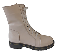 Бежевые высокие ботинки кожаные женские со шнурком и молнией демисезонные с утеплением из байки/меха 42 36-41