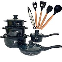 Набор посуды с гранитным антипригарным покрытием, набор кастрюль и сковорода Higher Kitchen HK-316 черный