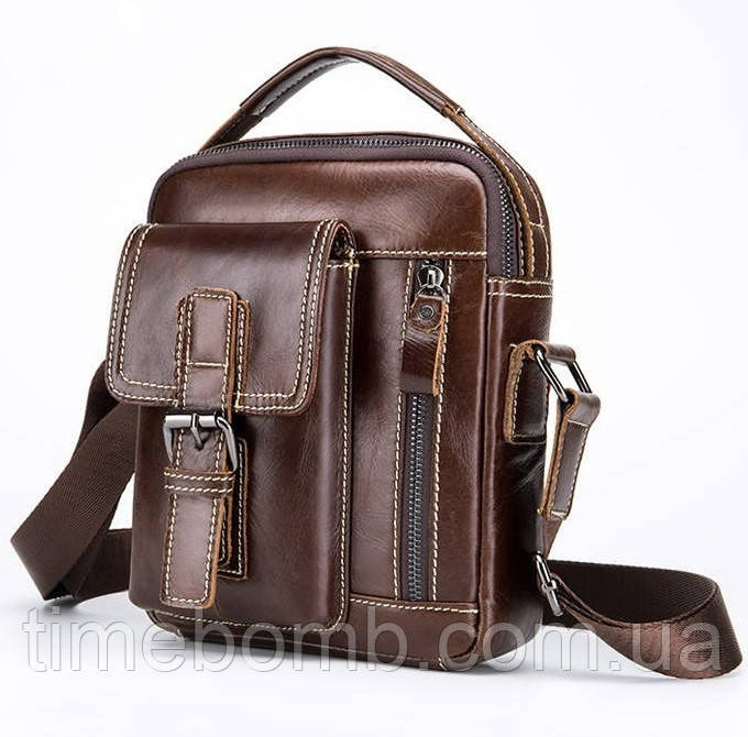 Чоловіча шкіряна сумка барсетка Laoshizi Luosen 030-2 темно коричнева