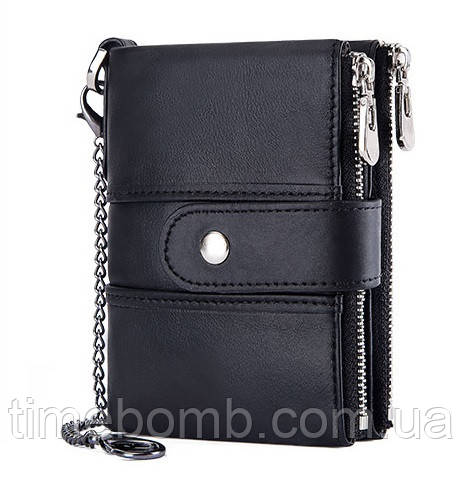 Чоловіче шкіряне портмоне гаманець Kavis чорне (з ланцюжком)
