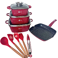 Набор посуды кастрюли и сковорода с гранитным покрытием + набор кухонных принадлежностей HK-317 бордовый