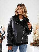 Женская зимняя модная куртка косуха из эко кожи с мехом