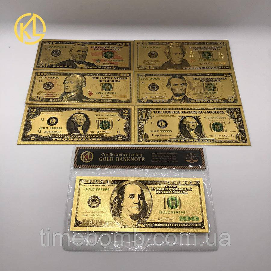 Комплект позолочених сувенірних банкнот 1-100 Доларів