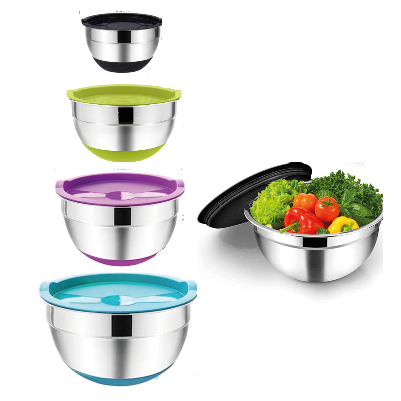 Набір металевих мисок Cooking House з силіконовим дном і кришкою — 4 шт (26-14 см)