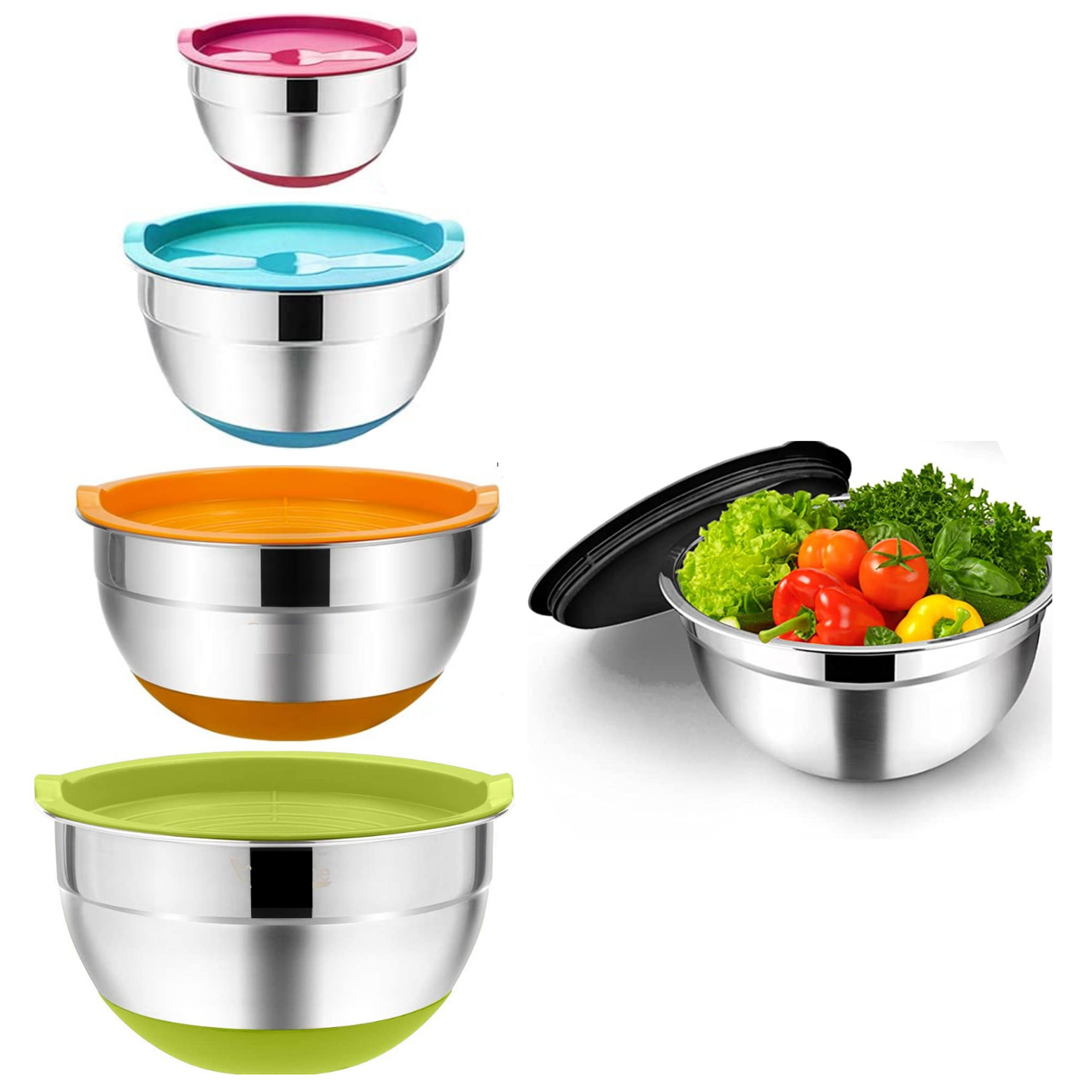 Набір металевих мисок Cooking House з силіконовим дном і кришкою — 4 шт (28-16см)