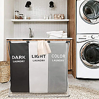 Кошик для білизни розкладний з 3 відсіками для сортування темних, кольорових та світлих речей Laundry Basket