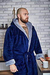 Чоловічий махровий халат довгий ТЕМНО-СИНІЙ/СІРИЙ ТОМІКО L-3XL 4002