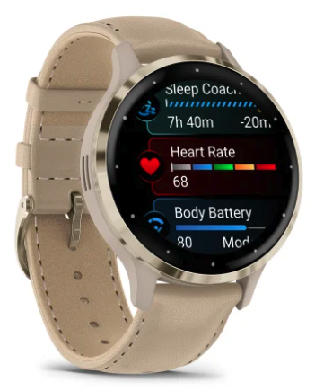 Смарт-годинник Garmin Venu 3S Soft gold stainless steel bezel with French grey case and leather band, фото 1