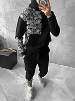 Мужской теплый спортивный костюм худи-штаны (черный) красивый стильный дизайн с рисунками трехнитка флис sHH10