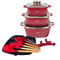 Набор кастрюль и сковорода с гранитным антипригарным покрытием для дома Higher Kitchen HK-317 бордовый