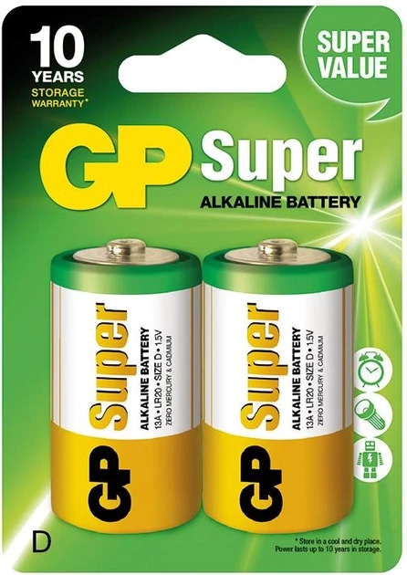 Батарейки GP SUPER ALKALINE 1.5V 13A-U2, LR20, D 2 шт.