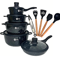 Набір посуду з гранітним покриттям, набір каструль і сковорода з антипригарним покриттям HK-316 чорний
