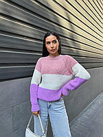 Повседневный свитер женский качественный и модный оверсайз 42-48 (S-L) пудра+молочный+лаванда Пудра-молоко-бузок