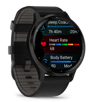 Смарт-годинник Garmin Venu 3 Slate stainless steel bezel with black case and black leather band, фото 1