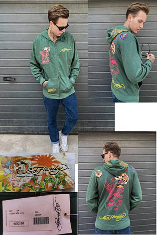 Кофта на блискавці з капюшоном, толстовка, худі, великі розміри унісекс дизайнерська брендова ED HARDY, фото 1