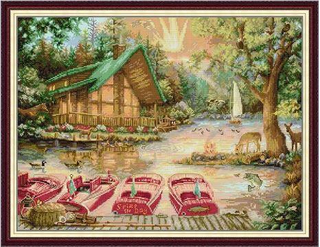 Набір для вишивання за нанесеною на канву схемою "River House and Boat". AIDA 14CT printed 56*44 см