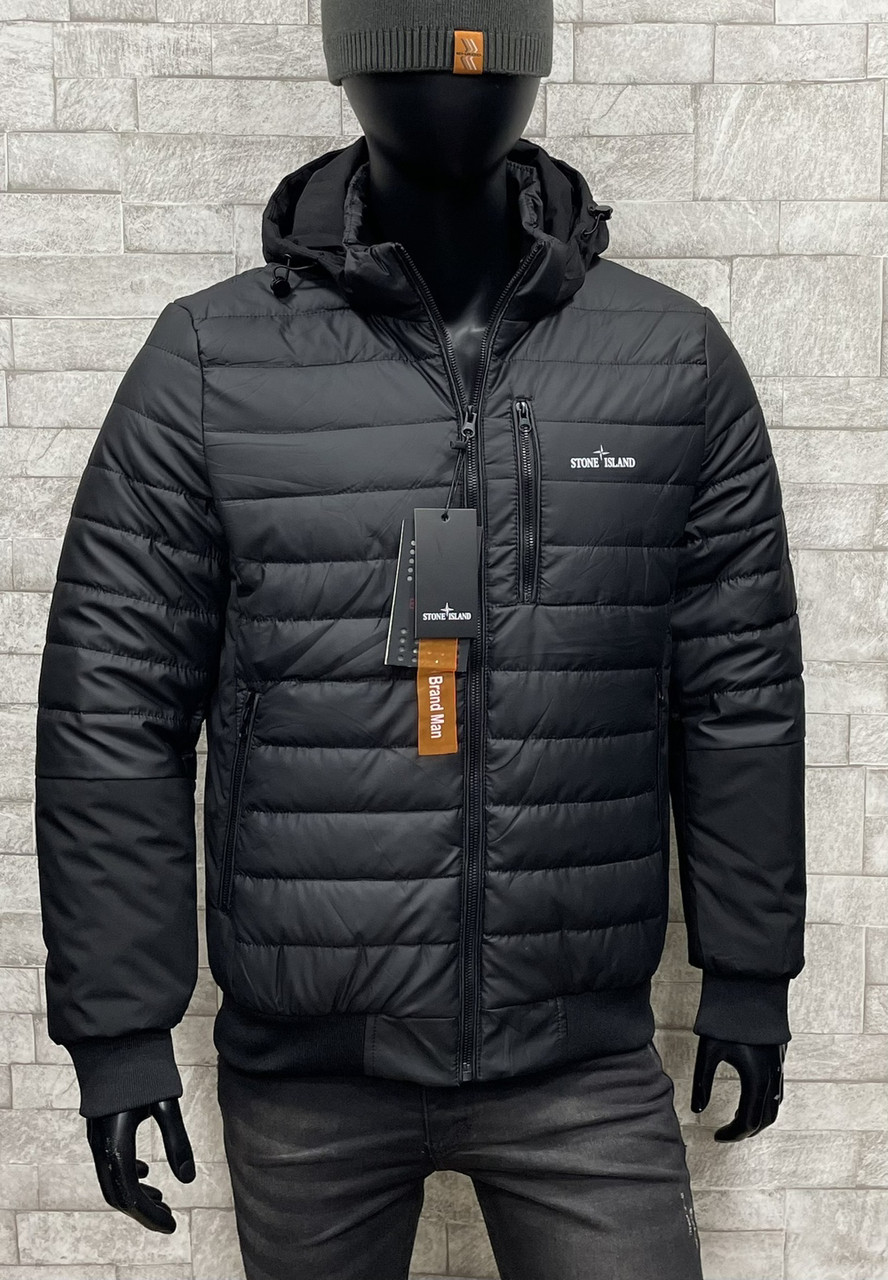 Куртка чоловіча Stone Island демісезонна на манжеті, куртка Стон Айленд із капюшоном чорна на весну/осінь