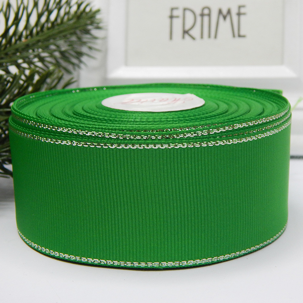 Лента репсовая с серебряным люрексом 4 см, зеленый