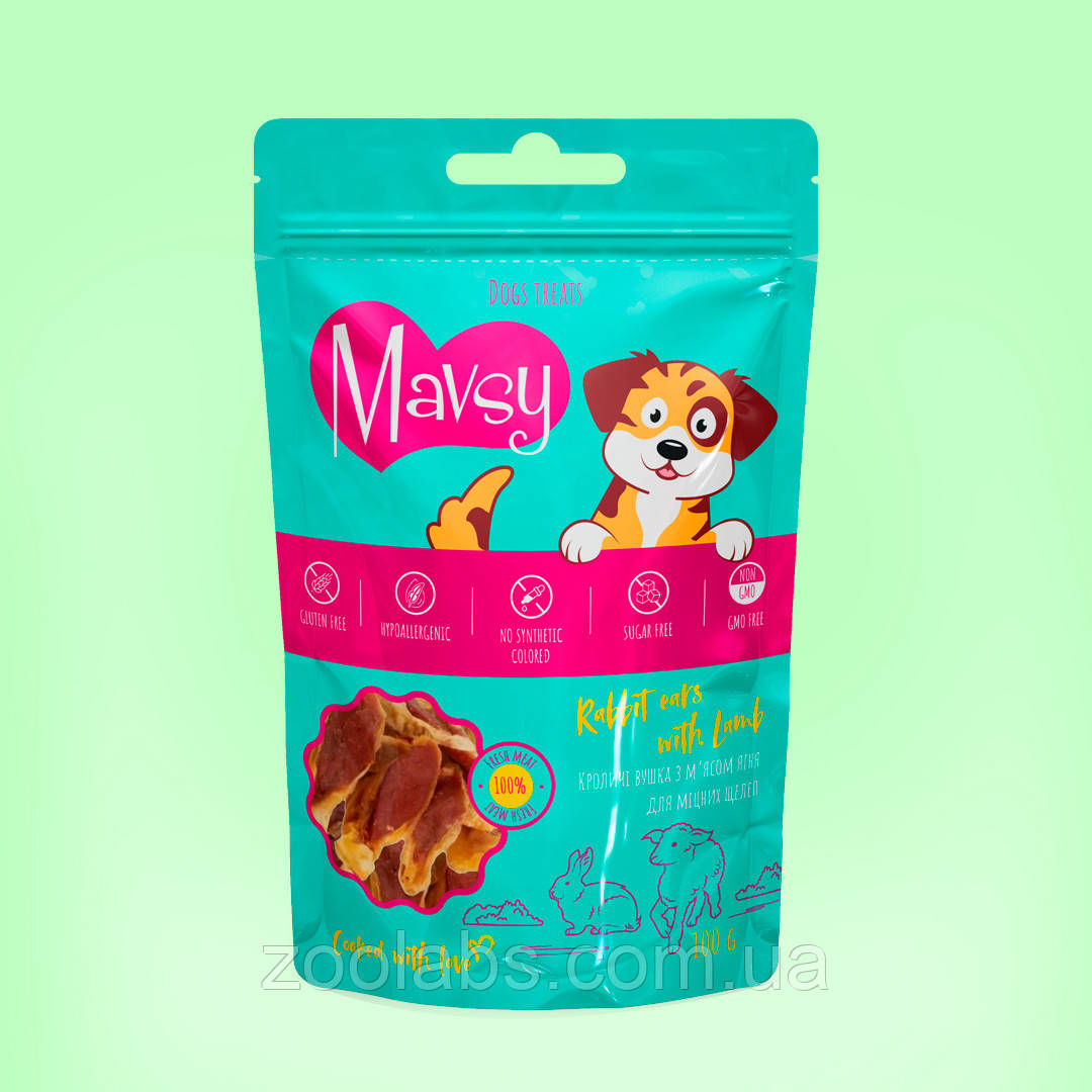 Ласощі Mavsy для собак вуха кроліка з м'яса ягня | Mavsy Rabbit Ears With Lamb 100 грам