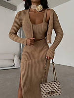 Женский стильный вязаный костюм тройка (юбка + топ + укороченный кардиган) Мокко