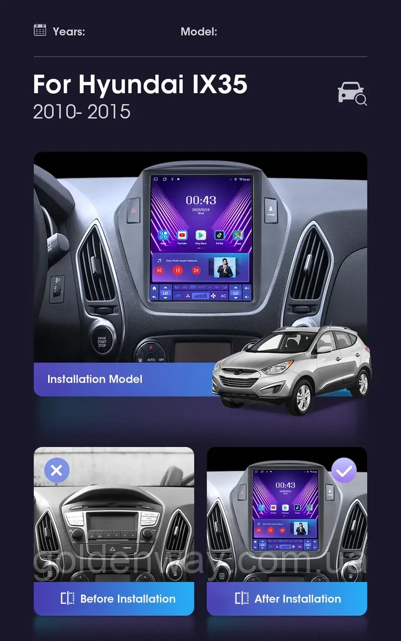 Штатна автомагнітола Android для Hyundai Tucson IX35 2009-2015 Tesla Style S10-2 DSP 4/32Гб 8 CORE 4G Carplay