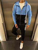 Мужской спортивный костюм голубой на манжетах с капюшоном осень/зима/весна. Кофта+штаны