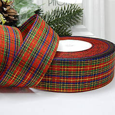 Стрічка "шотландка" 4 см, червоно-синя клітинка, люрекс