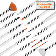 Набір пензлів для манікюру, педикюру, нарощування та дизайну нігтів - 15 штук - білий -, фото 5