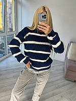 Женский вязаний свитер теплый в полоску оверсайз 42-48 (S-L) | Вязаные шерстяные женские свитера Джинс з молочною смужкою
