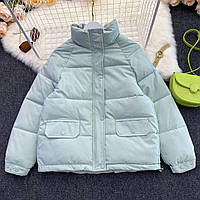 Женская молодежная теплая куртка, 42-46, чёрный, молоко, голубой, розовый, матовая плащевка + синтепон 200. Голубой