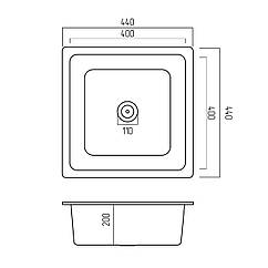 Мийка для кухні гранітна квадратна PLATINUM 4040 RUBA 440x440x200мм сіра PLS-A40843