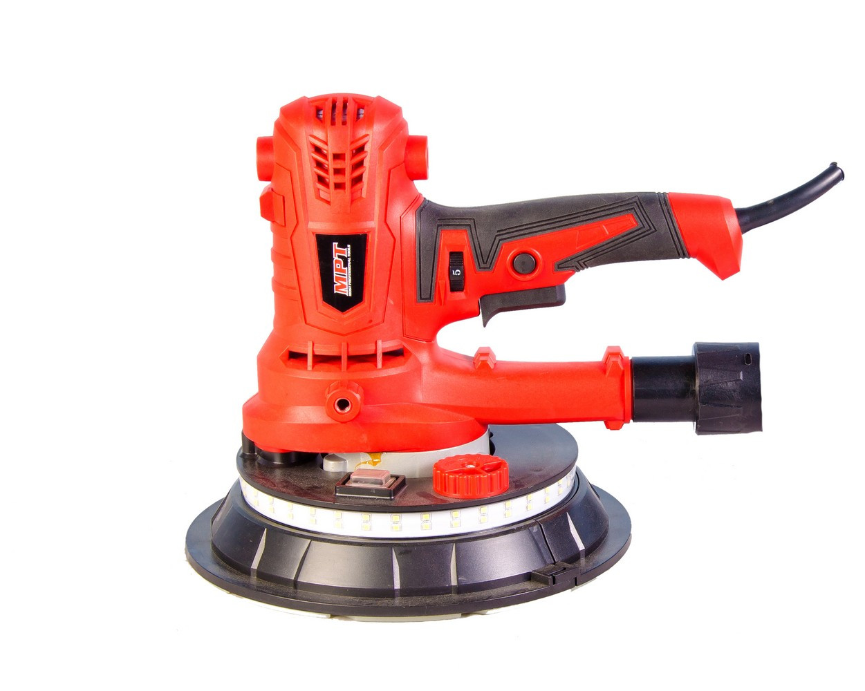 Шліфмашина для стін і стелі 850 Вт, 1400-2700 об/хв, Ø 180 мм, діод.підсвічування, аксес. 6 шт. MPT MDS1853B, фото 1