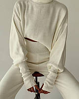 Женский стильный вязаный брючный костюм с кофтой-топом Белый