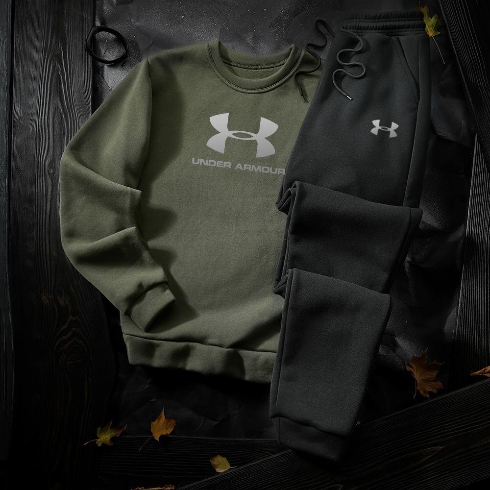 Спортивний костюм under armour чоловічий теплий на флісі хакі-чорний комплект світшот штани андер армор зима