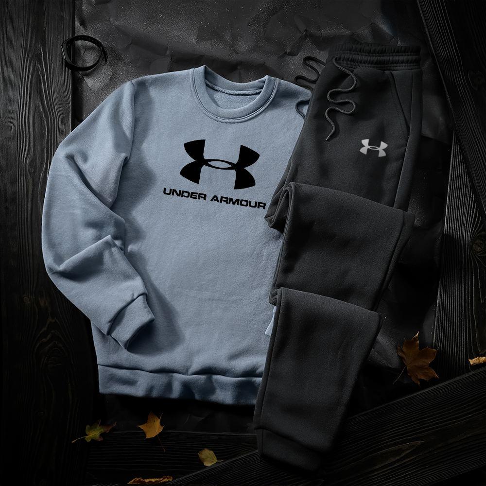 Спортивний костюм under armour чоловічий теплий на флісі блакитний-чорний комплект світшот штани андер армор зима