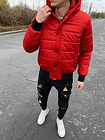 Мужская красная короткая стеганая куртка парка пуховик с капюшоном на молнии и кнопках осень/зима/веснa