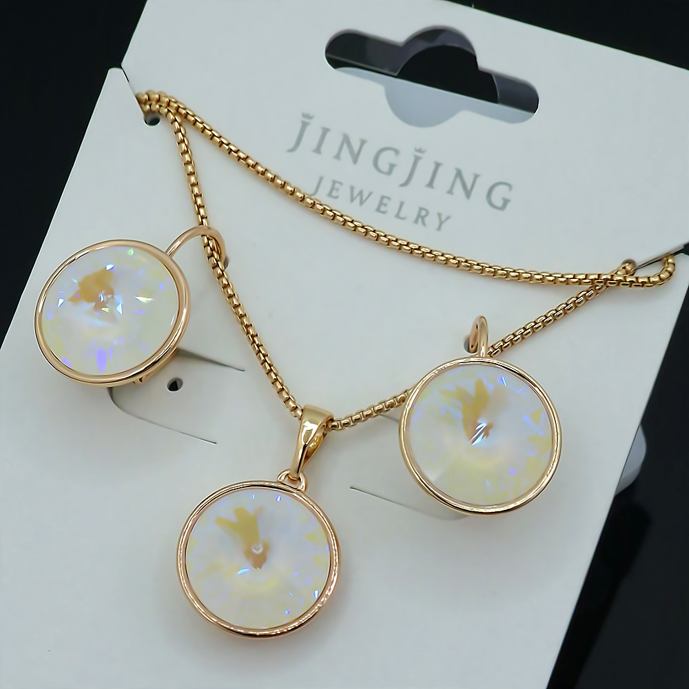 Набір ХР. Сережки та кулон на ланцюжку зі Swarovski молочного кольору. Позолота 18К. Ланцюжок: 40-45см Сережки: 19мм