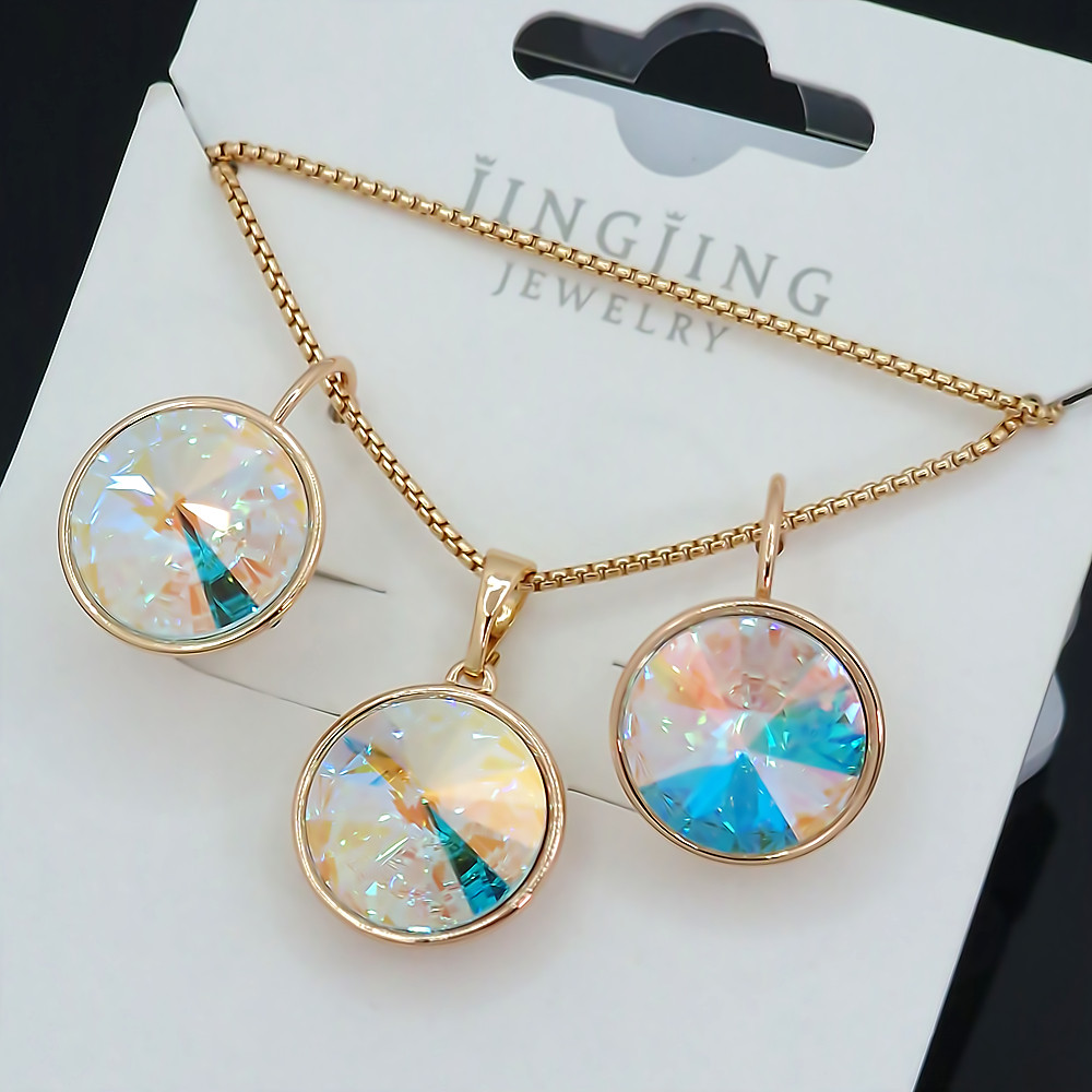 Набір ХР. Сережки та кулон на ланцюжку з Swarovski бензинового кольору. Позолота 18К. Ланцюжок: 40-45см Сережки:19мм