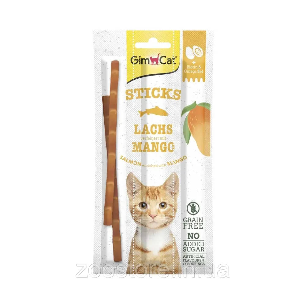 Ласощі GimCat Superfood Duo-Sticks М’ясні палички для котів, з лососем та манго, 3 шт по 5 г