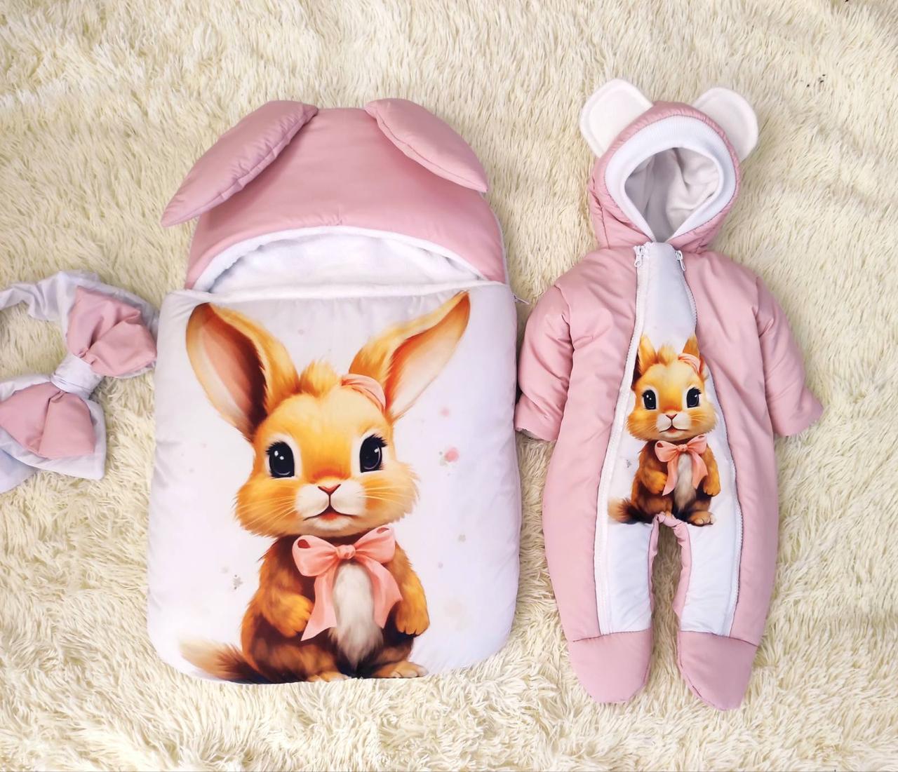 Спальник + комбінезон для новонароджених дівчаток, рожевий з принтом Зайчик, фото 1