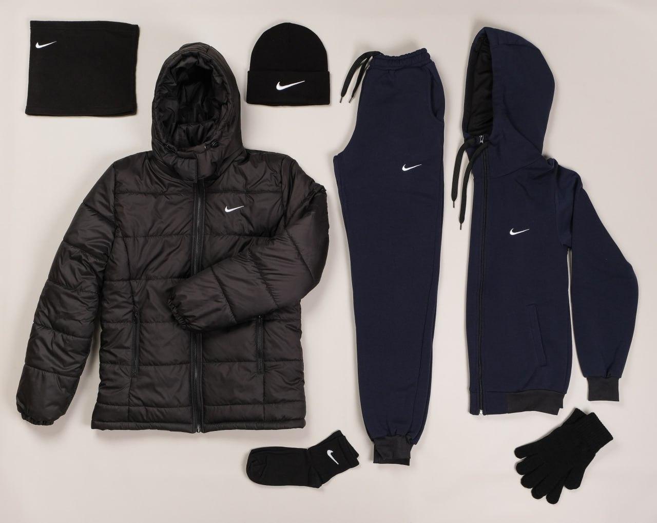 Комплект 6 в 1 Nike Найк куртка європейка зимова чорна+спортивний костюм теплий синій +набір зима