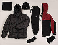 Комплект 6 в 1 Nike Найк куртка европейка зимняя черная + спортивный костюм теплый черно бордовый + набор зима