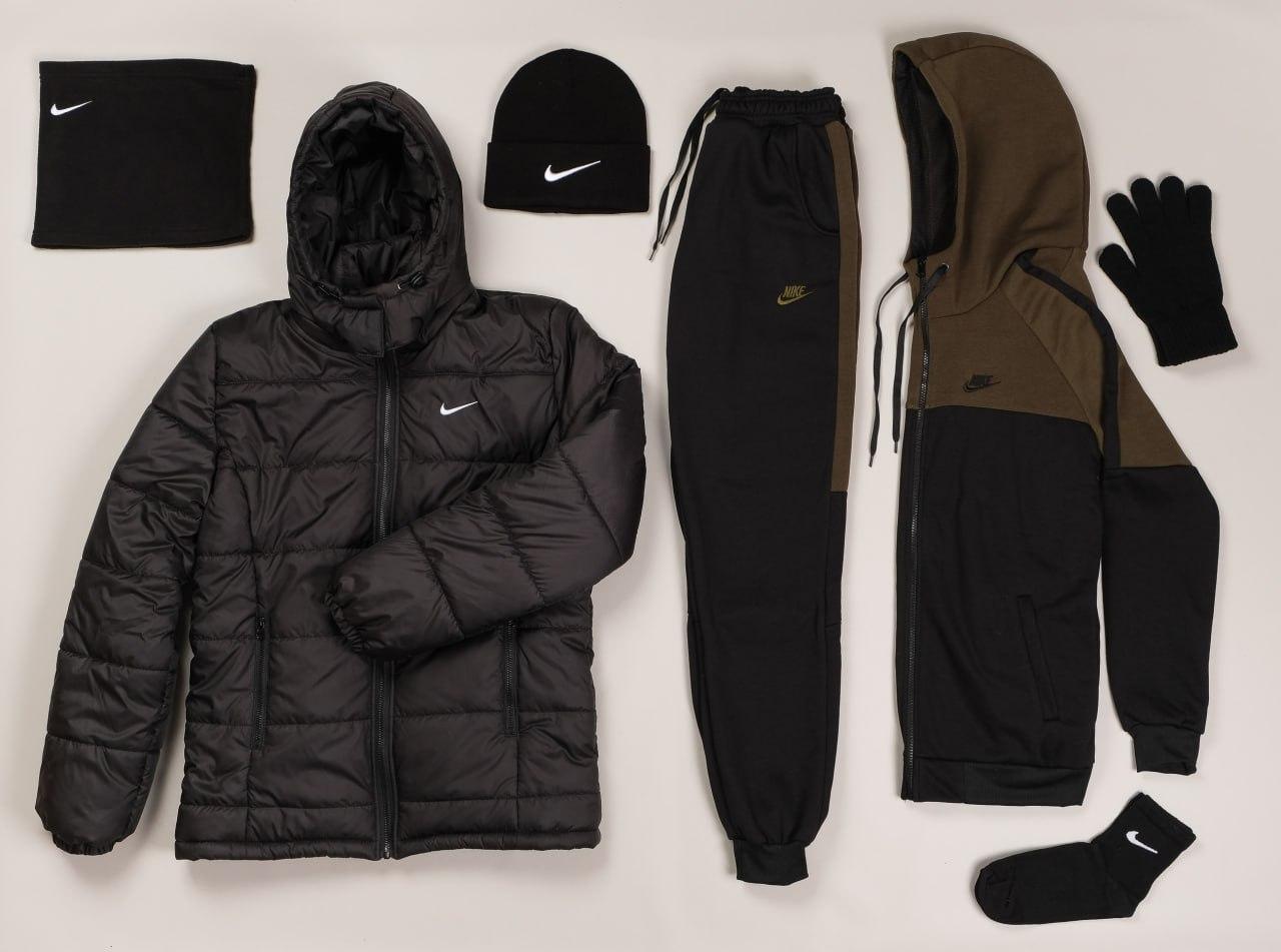 Комплект 6 в 1 Nike Найк куртка європейка зимова чорна+спортивний костюм теплий чорний з хакі +набір зима