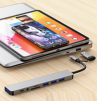 USB хаб Deepfox 2218TU C/Type A 8 в 1 алюмінієвий hub картридер аудіо, фото 4