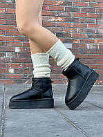 Угги Женские Ugg Mini Platform Black Leather прошыты кожаные мех черные угги