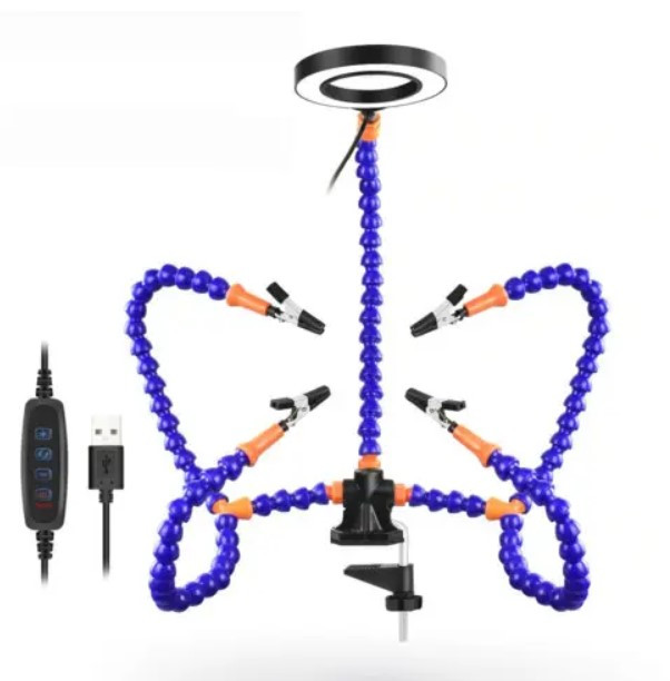 Тримач плат для паяння, третя рука, 5 гнучких валів, з лупою та LED, фото 1