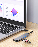 Док станція Deepfox-2010 6 в 1 USB Type-C концентратор для ноутбука 6 портів HDMI картридер, фото 6