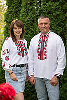 Вишиванки лляні білі Family Look / сімейні вишиванки з рослинним візерунком, червона калина