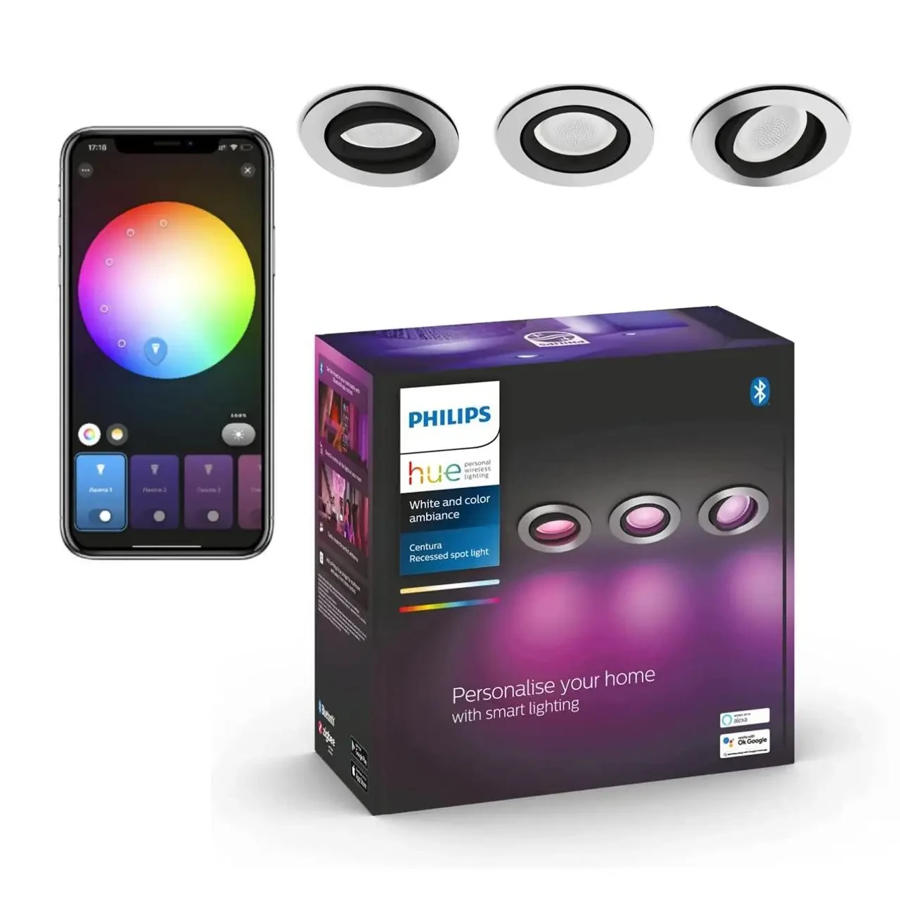 Потолочные светильники Centura Philips Hue GU10 White and Color 350лм 50Вт 5.7W, Bluetooth, Apple HomeKit - фото 1 - id-p1797836951